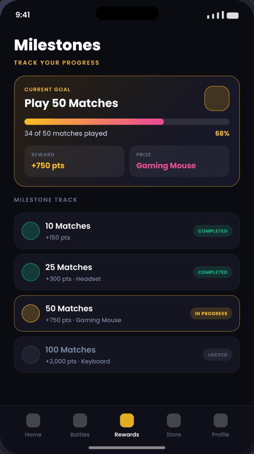 playnex milestones screen showing reward track progress