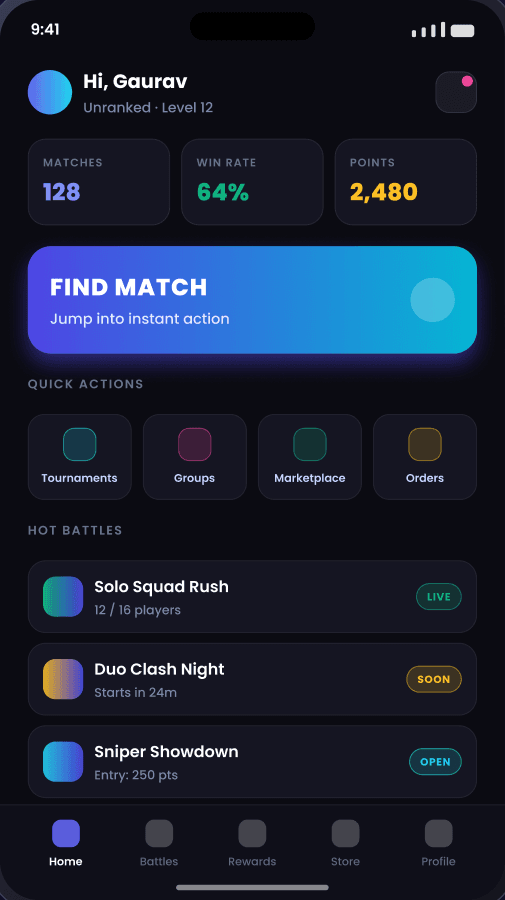 playnex home screen showing quick match, player stats and hot battles