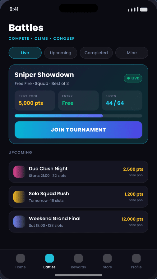 playnex tournaments screen showing live and upcoming brackets